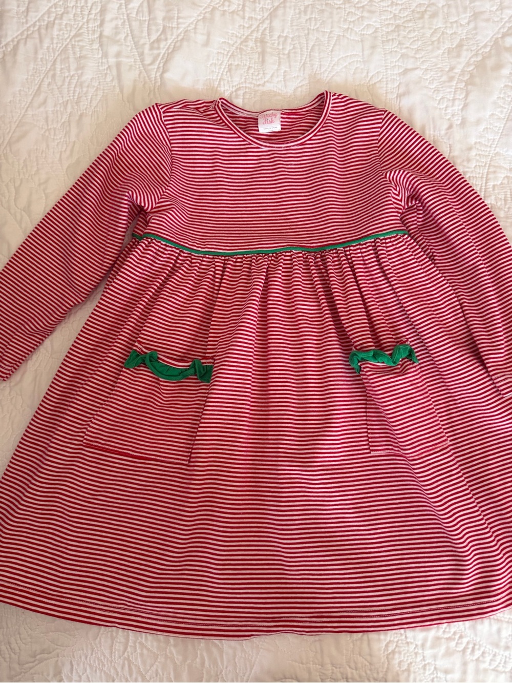 Stitchy Fish- Girls Red & White Striped Long Sleeve Dress with Green Trim